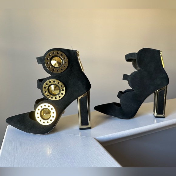 KAT MACONIE Black Gold Suede Leather High Heels Gladiator Ankle Boots